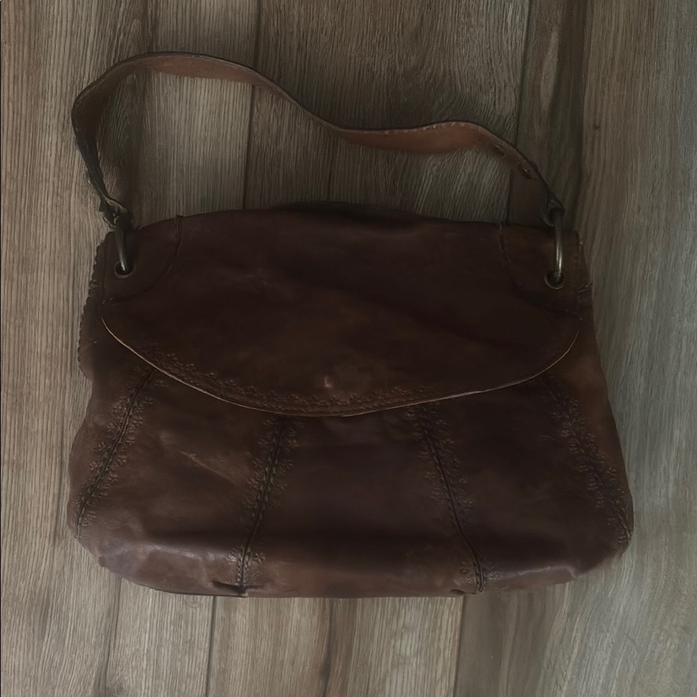 Fossil Brown Leather Bag with Yellow Polka Dot Lining